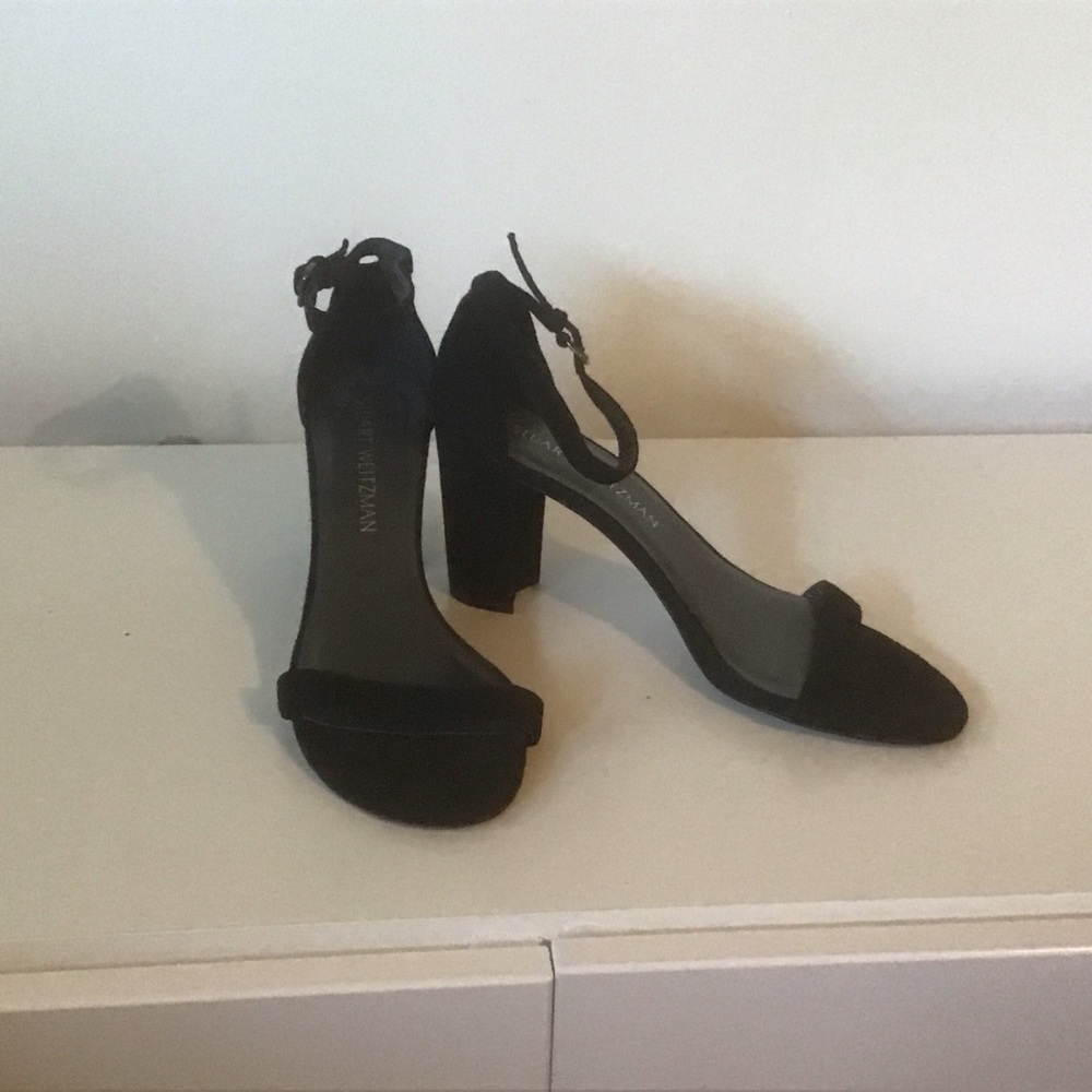 Stuart Weitzman Black Suede Leather Nearlynude Nudist 3” Block Heels Shoes 7.5